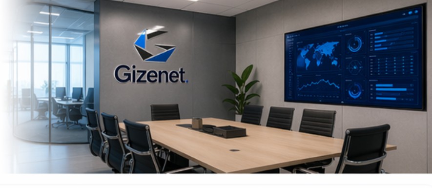 Sala de juntas Gizenet con pantalla de monitoreo